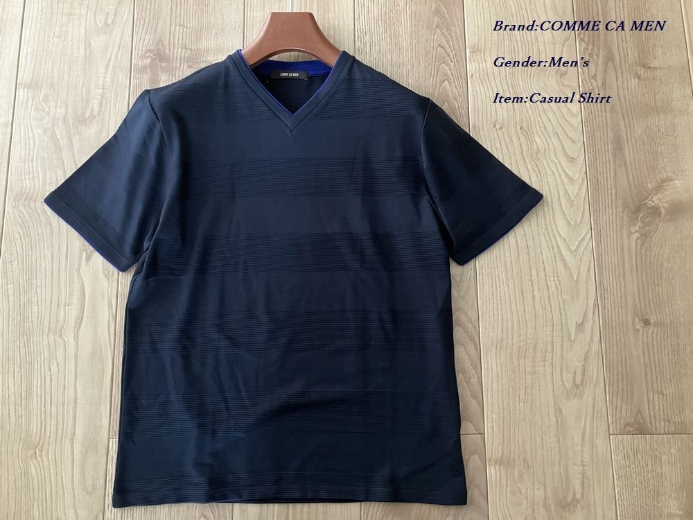 新品 COMME CA MEN コムサメン 日本製 タックボーダー半袖Tシャツ 09ネイビー Lサイズ 42TP12 定価12.100円の画像1