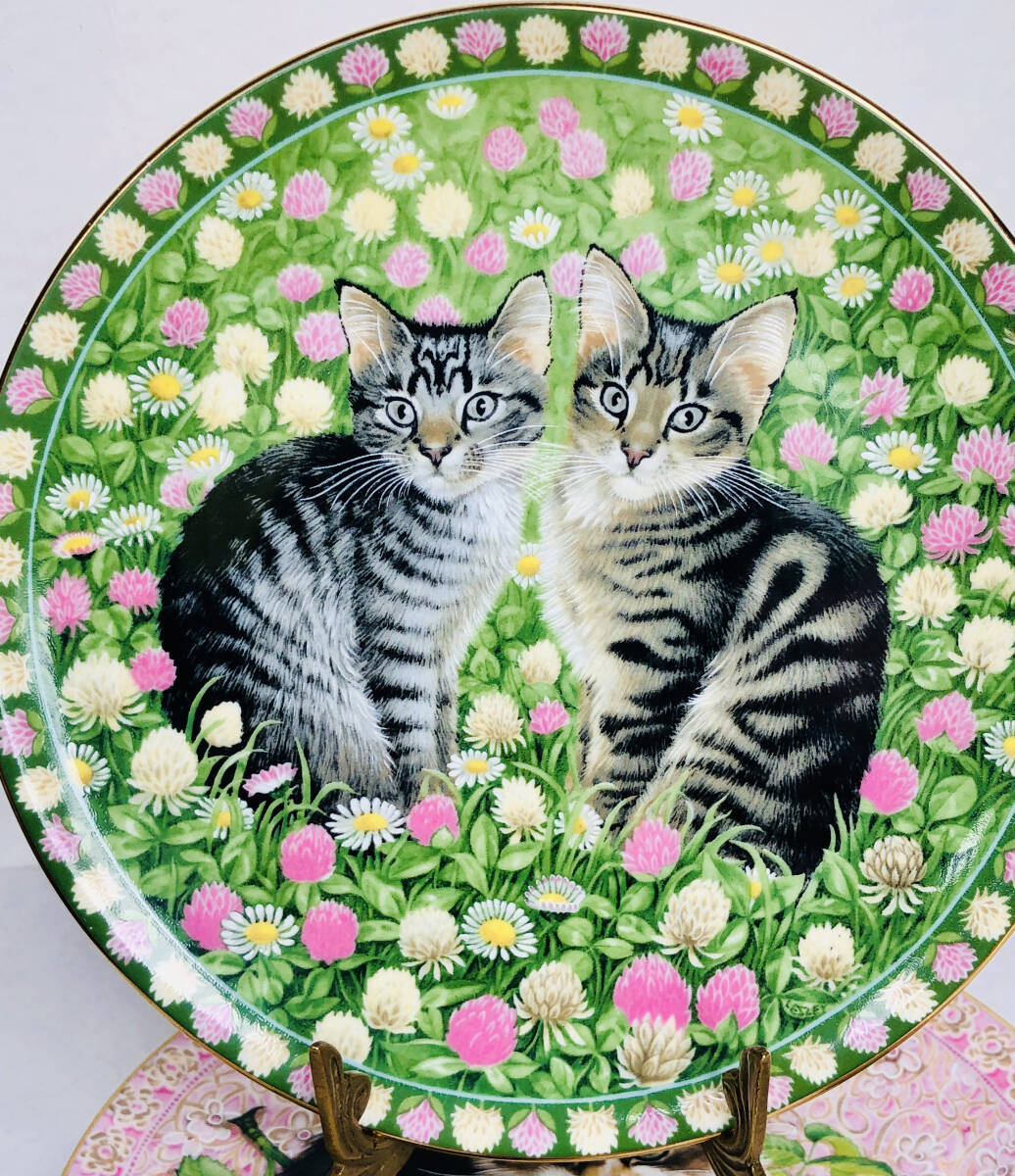 １９９０年 　　　 エインズレーレズリーアンアイボリーデザーイン12枚の月毎仔猫シリーズ5月と6月仔猫パターンの飾り皿2枚_画像2