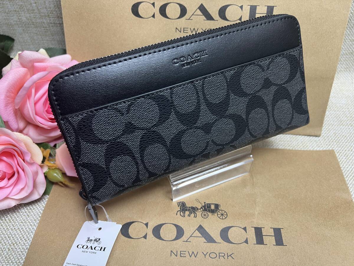 コーチCOACH 長財布 財布 シグネチャー チャコール×ブラック ラウンドファスナー プレゼント 贈り物 ギフト メンズ 新品 F75000 A190の画像1