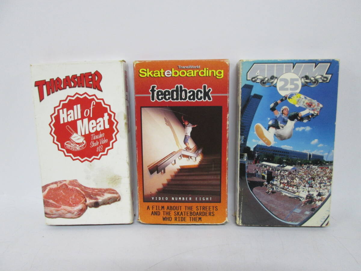 【0412h Y0748】 VHS 3本セット skate boarding feed back / 411vm 25 / THRASHER Hall of Meat 箱入り 動作未確認 スケートボード の画像1