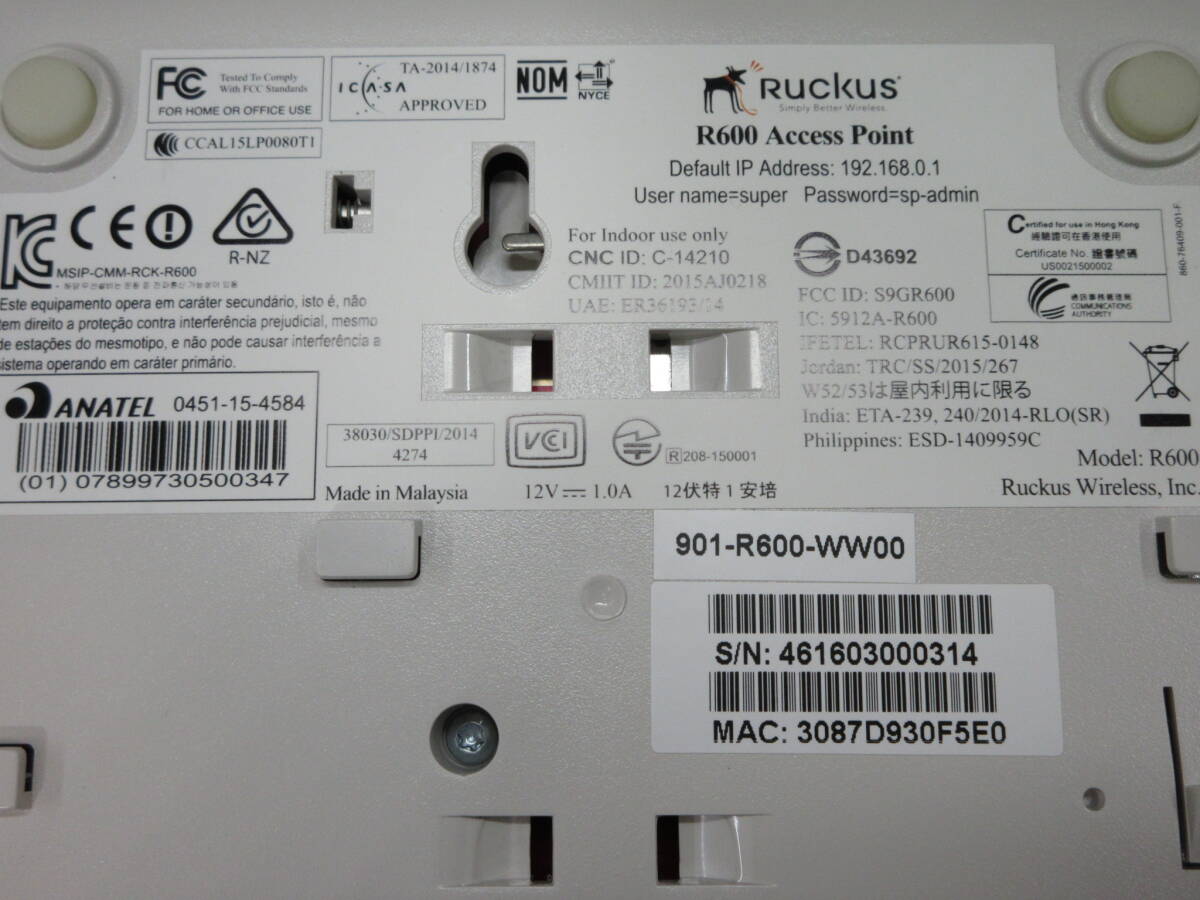 【2台セット】Ruckus ZoneFlex R600 / Wi-Fiアクセス ポイント / AP Firmware Version 3.6.2.0.759 / 初期化済み / No.S828の画像5
