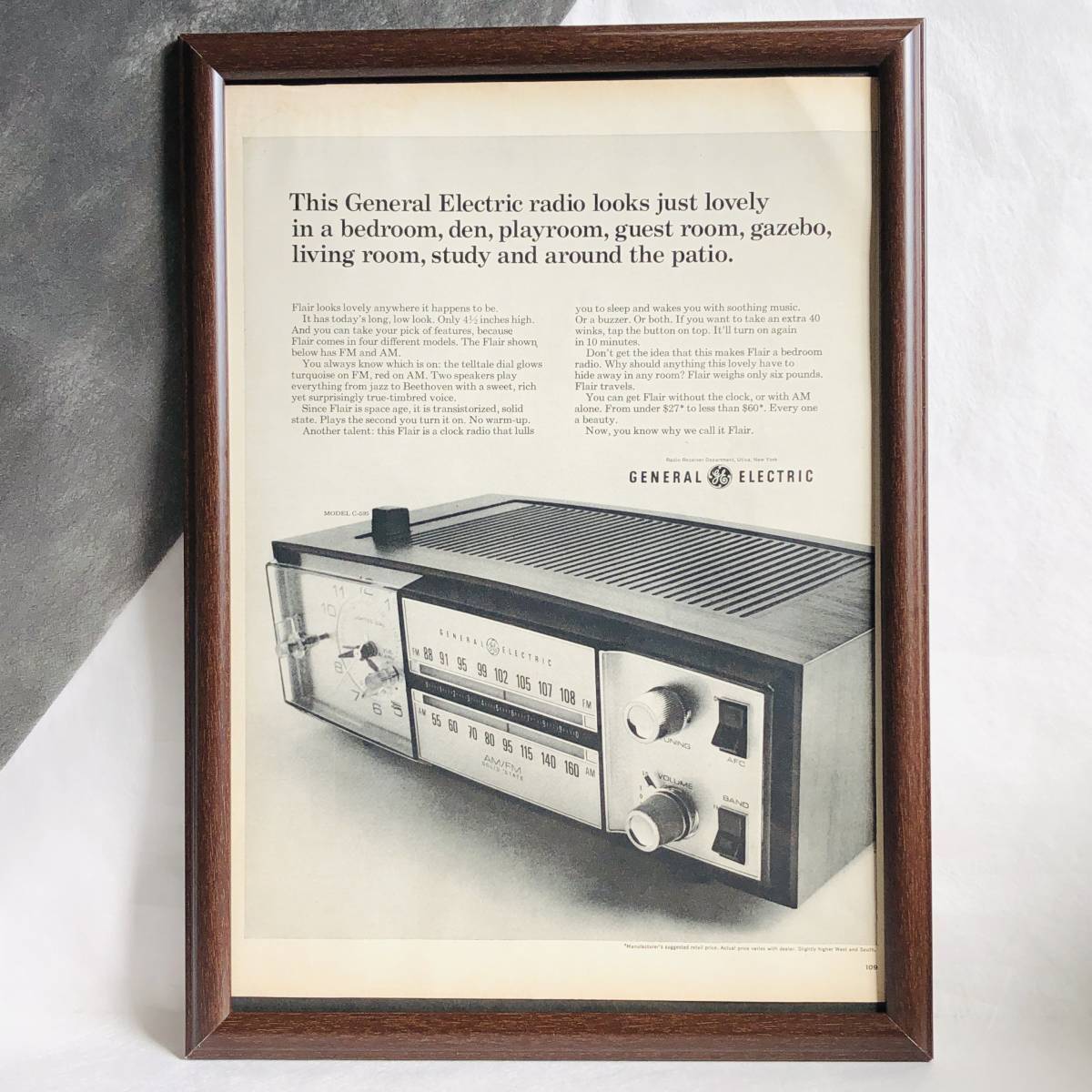 『 ゼネラルエレクトリック　ラジオ 』ビンテージ 広告　60年代　フレーム 付 ポスター 当時物 額付 LIFE アンティーク GENERAL ELECTRIC_画像1