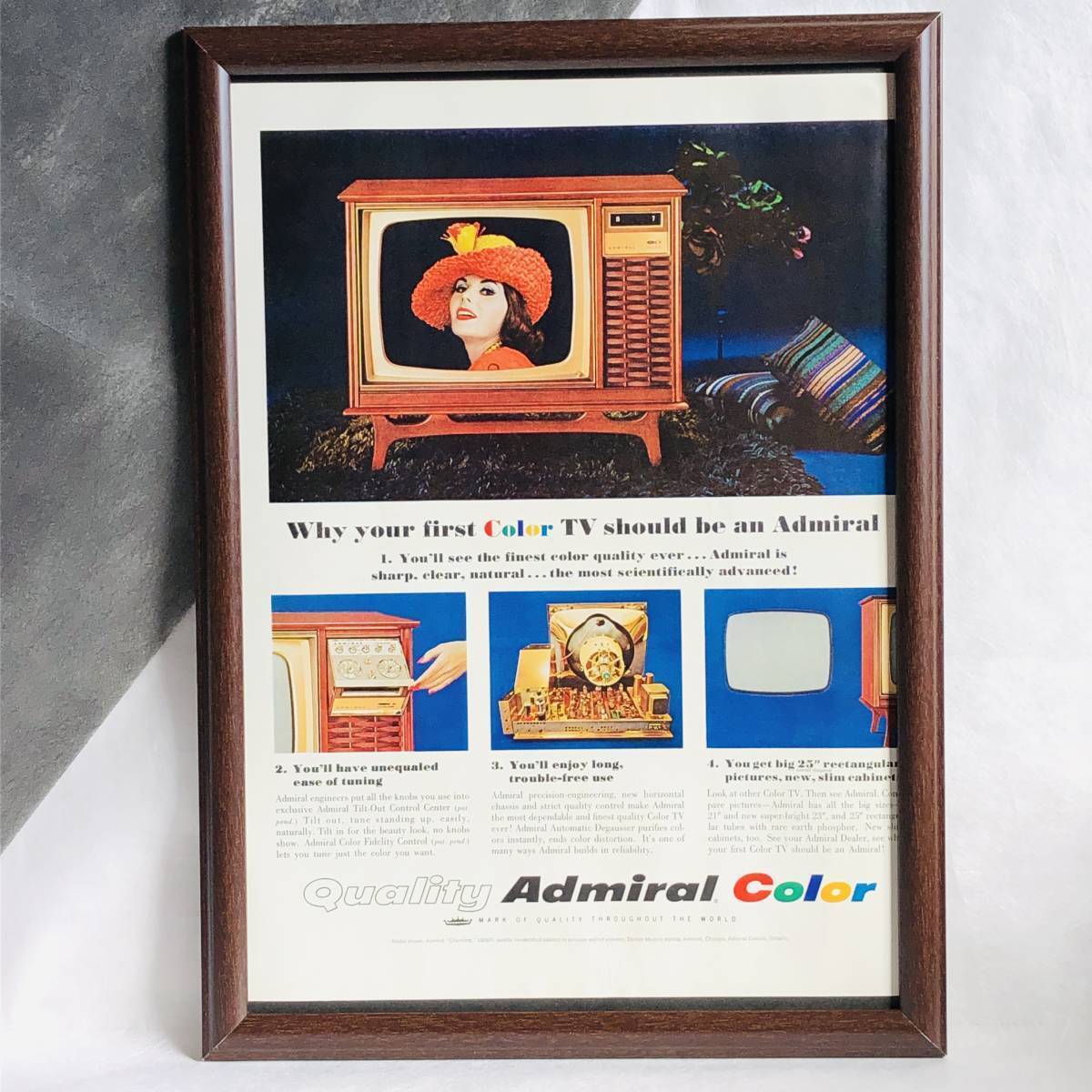 『 アドミラル　カラーTV 』ビンテージ 広告　60年代　フレーム 付 ポスター 当時物 額付 LIFE 雑誌 アンティーク Admiral Color TV