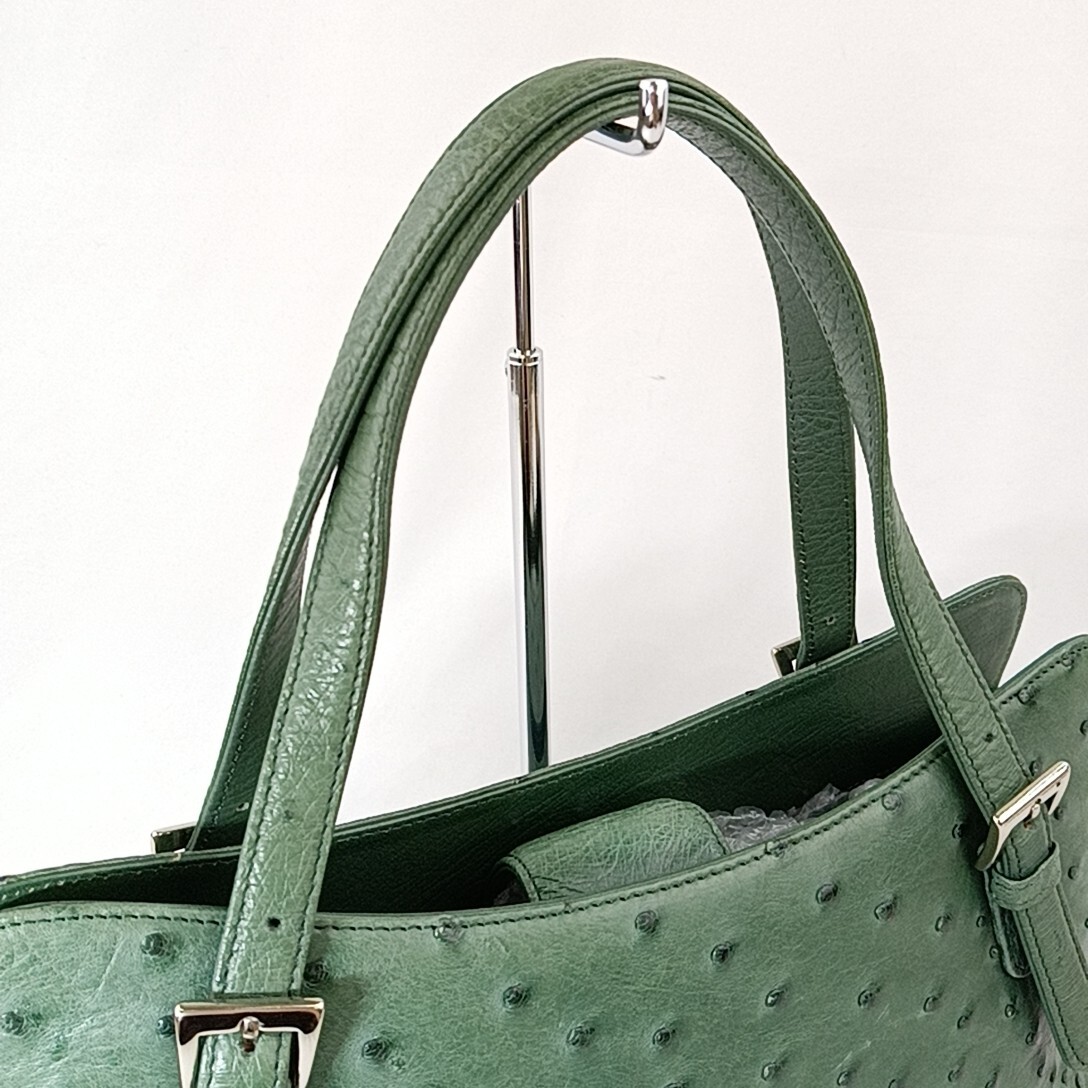 C ×【商品ランク:B】オーストリッチ レザー フォーマル ハンドバッグ 手提げ トート 婦人鞄 グリーン 緑色系 使いやすさ◎ の画像5