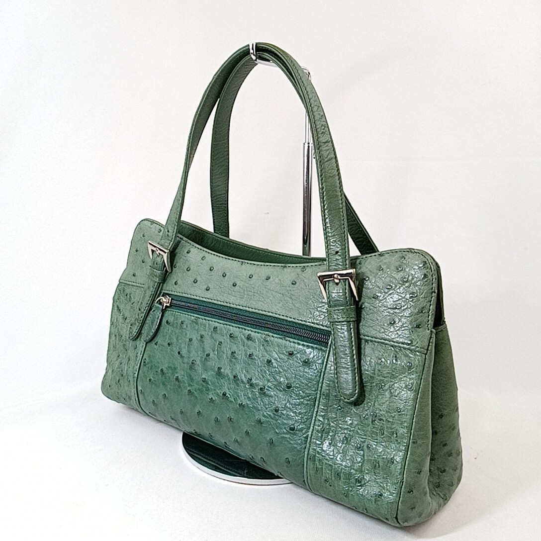 C ×【商品ランク:B】オーストリッチ レザー フォーマル ハンドバッグ 手提げ トート 婦人鞄 グリーン 緑色系 使いやすさ◎ の画像2