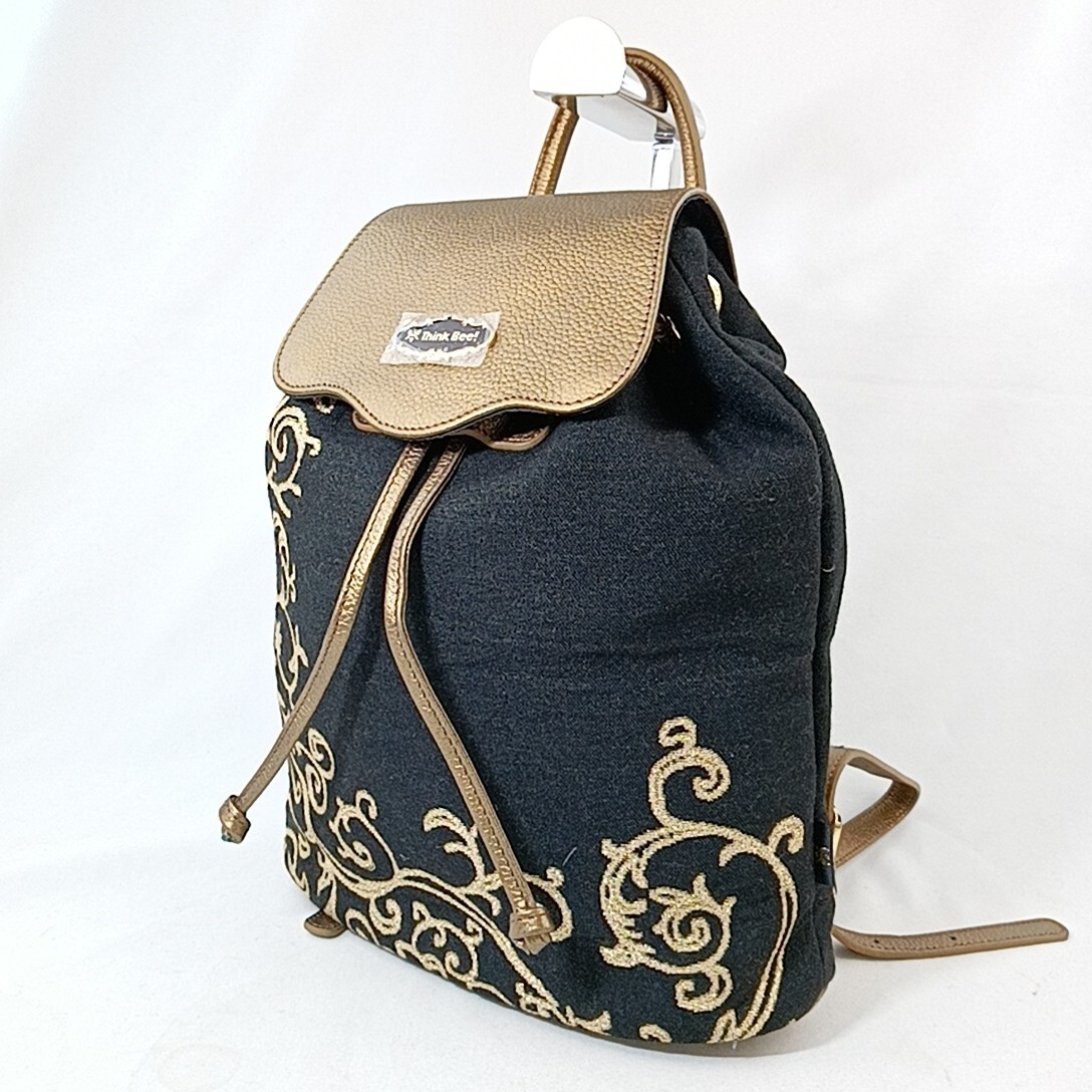 L ×[ commodity rank :B] sink Be Think Bee! embroidery total pattern Logo metal charm attaching one part leather rucksack Day Pack woman bag black group 