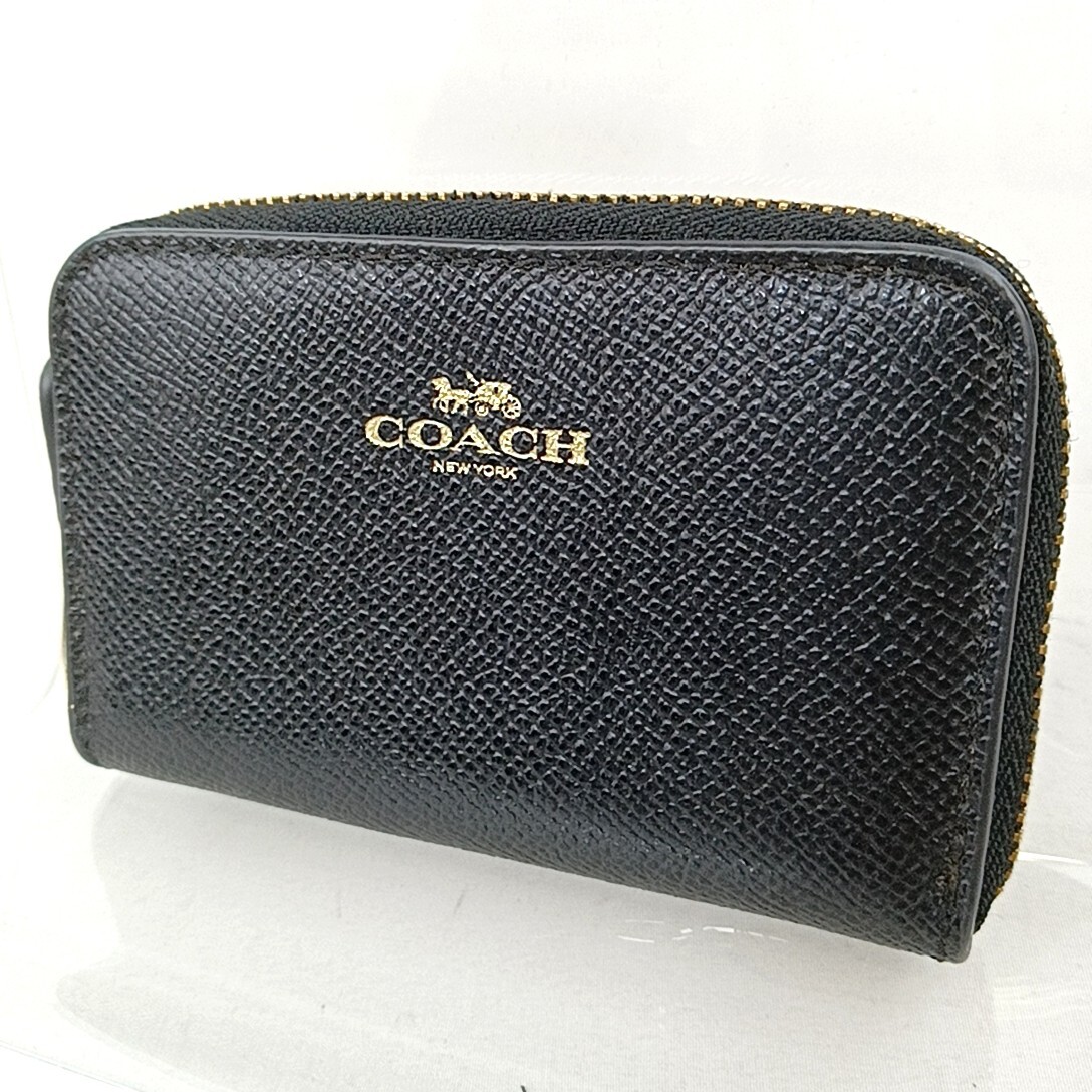 A Φ【商品ランク:B】 コーチ COACH ロゴプリント ゴールド金具 レザー ラウンドファスナー コインケース ウォレット 黒 ブラック系_画像1