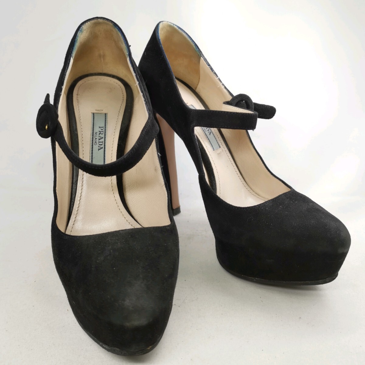 B #【商品ランク:B】 プラダ PRADA ロゴメタル スウェード ラウンドトゥ パンプス ピンヒール size36 レディース シューズ 婦人靴の画像2