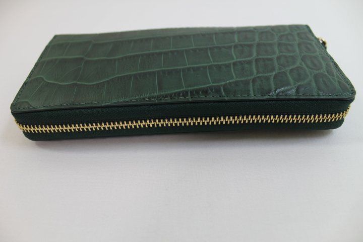 【新入荷】 クロコダイル 長財布 本物 グリーン 緑 ラウンド ヘンローン社製 マット仕上げ ゴールド金具