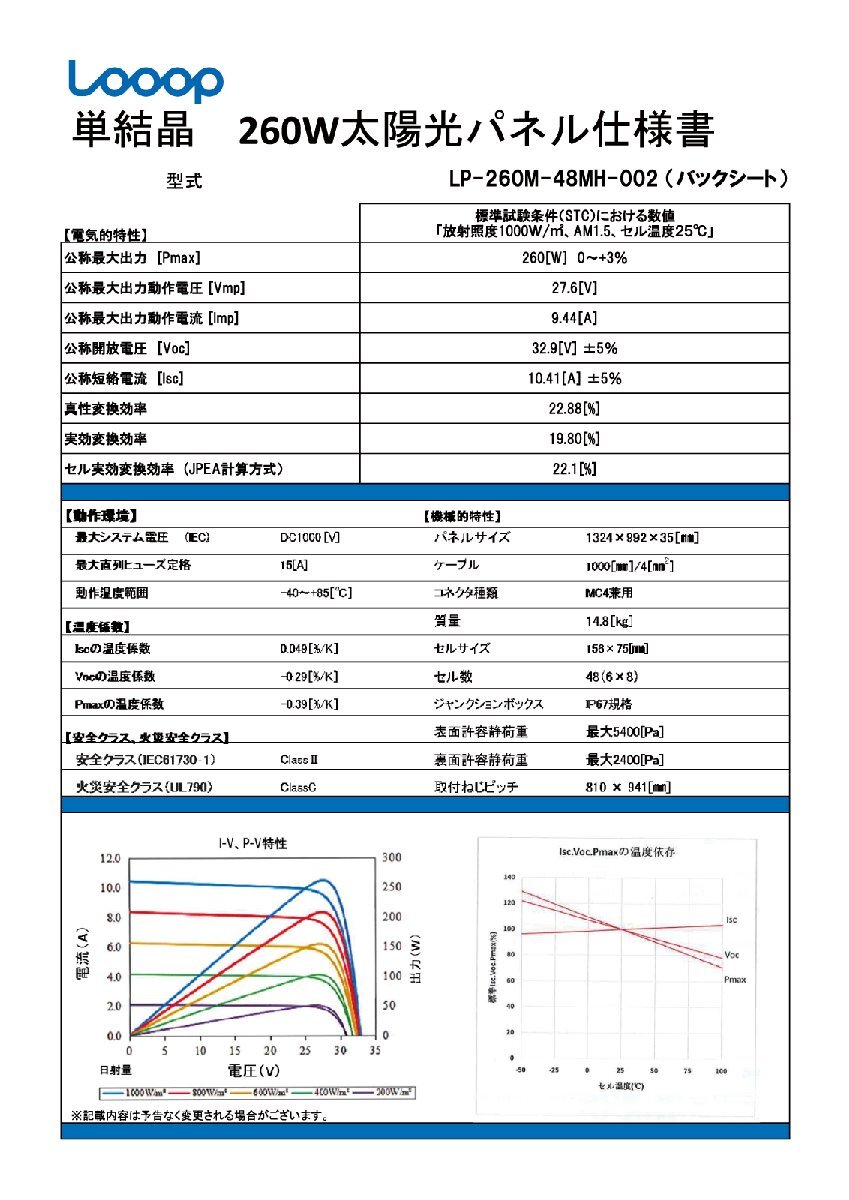 【新品】 単結晶260W 48セル Looop ループ 太陽光パネル LP-260M-48MH-002 1枚～ モジュール 発電 ソーラー コンパクト 35mm厚 PERCの画像2