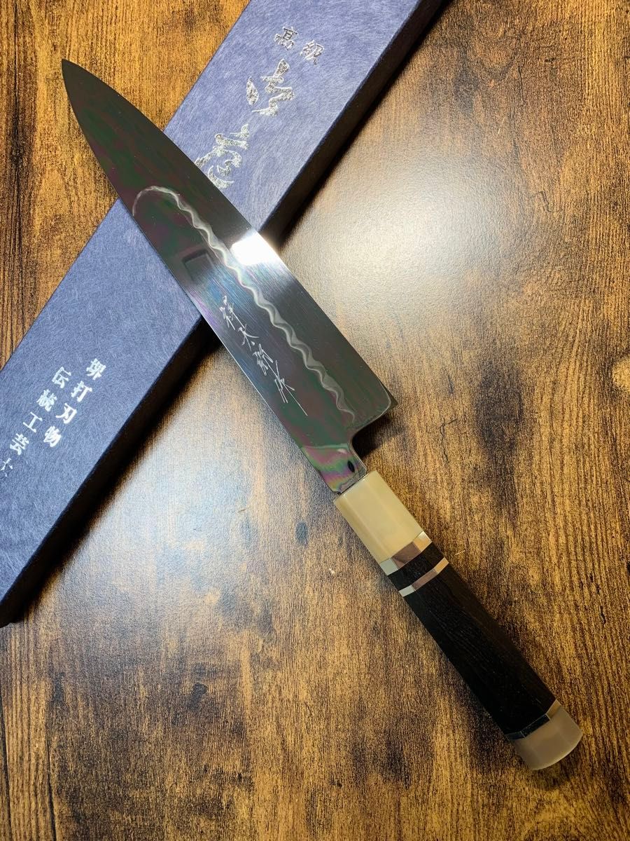 堺打刃物 祥太郎作 和牛刀 水本焼 白ニ鋼 8寸 全鏡面 包丁 黒檀 堺打刃物 祥太郎作 和牛刀 水本焼 白ニ鋼 8寸 全鏡面 包丁 黒檀