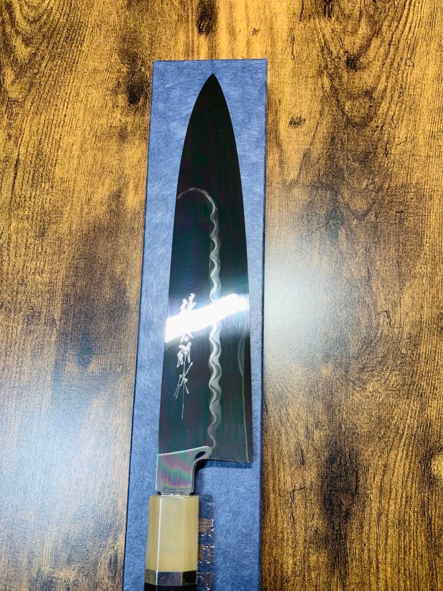 堺打刃物 祥太郎作 和牛刀 水本焼 白ニ鋼 8寸 全鏡面 包丁 黒檀 堺打刃物 祥太郎作 和牛刀 水本焼 白ニ鋼 8寸 全鏡面 包丁 黒檀