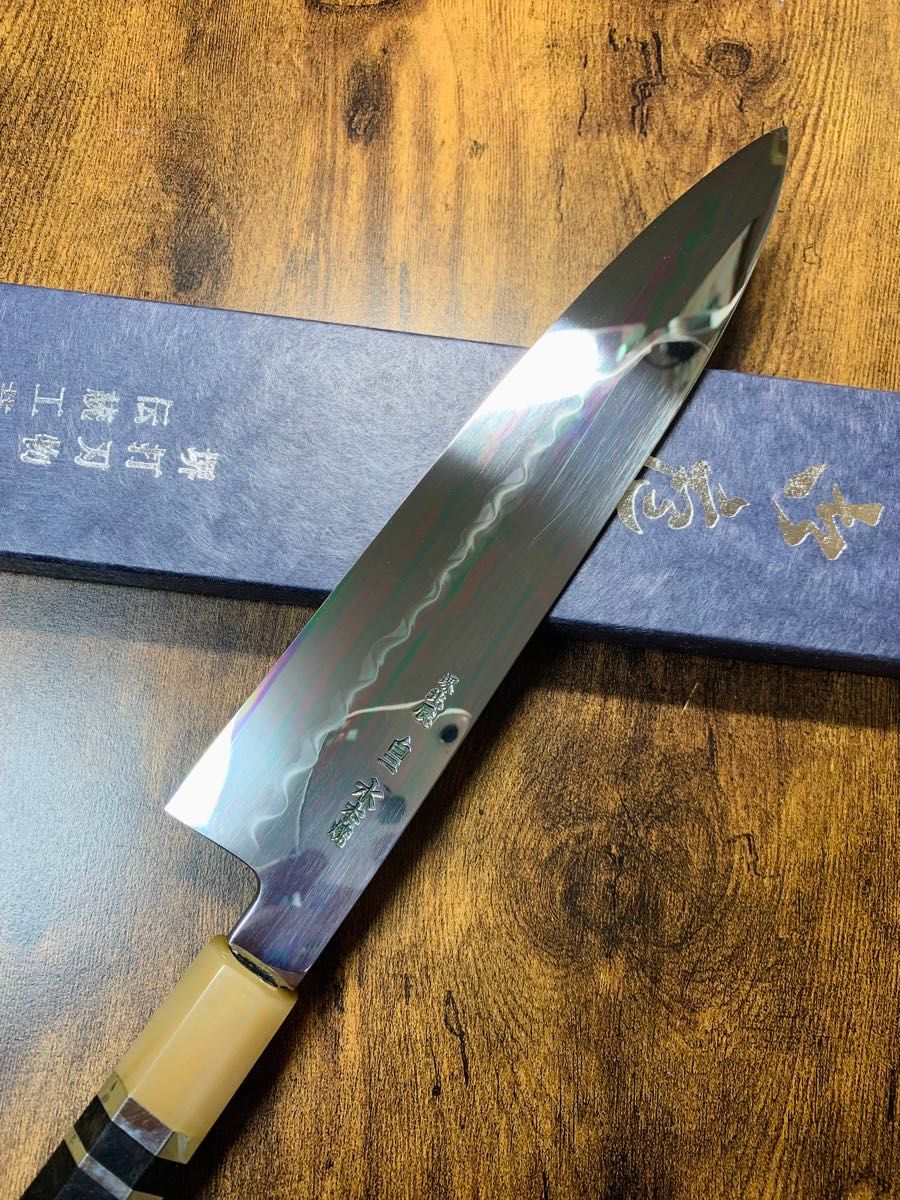 堺打刃物 祥太郎作 和牛刀 水本焼 白ニ鋼 8寸 全鏡面 包丁 黒檀 堺打刃物 祥太郎作 和牛刀 水本焼 白ニ鋼 8寸 全鏡面 包丁 黒檀
