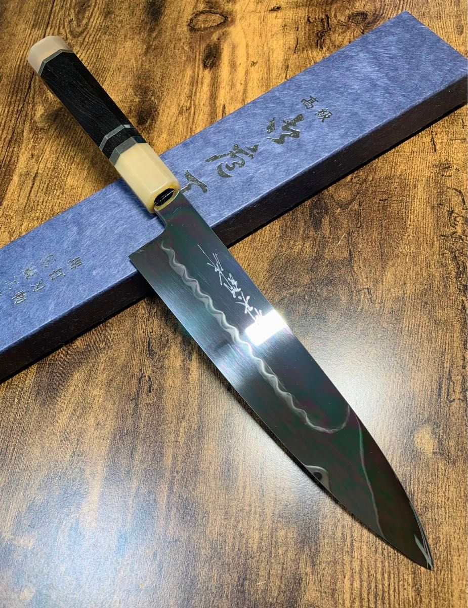 堺打刃物 祥太郎作 和牛刀 水本焼 白ニ鋼 8寸 全鏡面 包丁 黒檀 堺打刃物 祥太郎作 和牛刀 水本焼 白ニ鋼 8寸 全鏡面 包丁 黒檀
