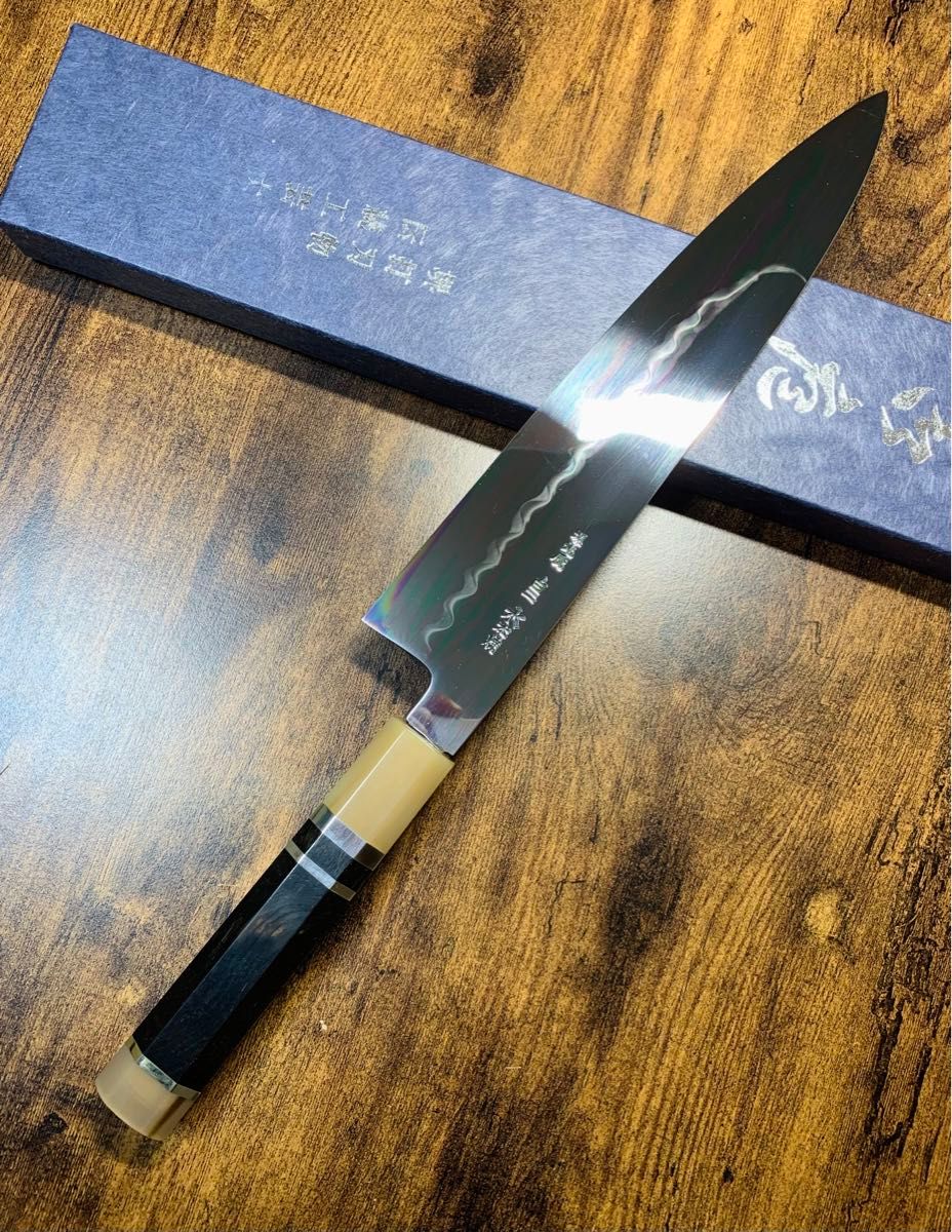堺打刃物 祥太郎作 和牛刀 水本焼 白ニ鋼 8寸 全鏡面 包丁 黒檀 堺打刃物 祥太郎作 和牛刀 水本焼 白ニ鋼 8寸 全鏡面 包丁 黒檀