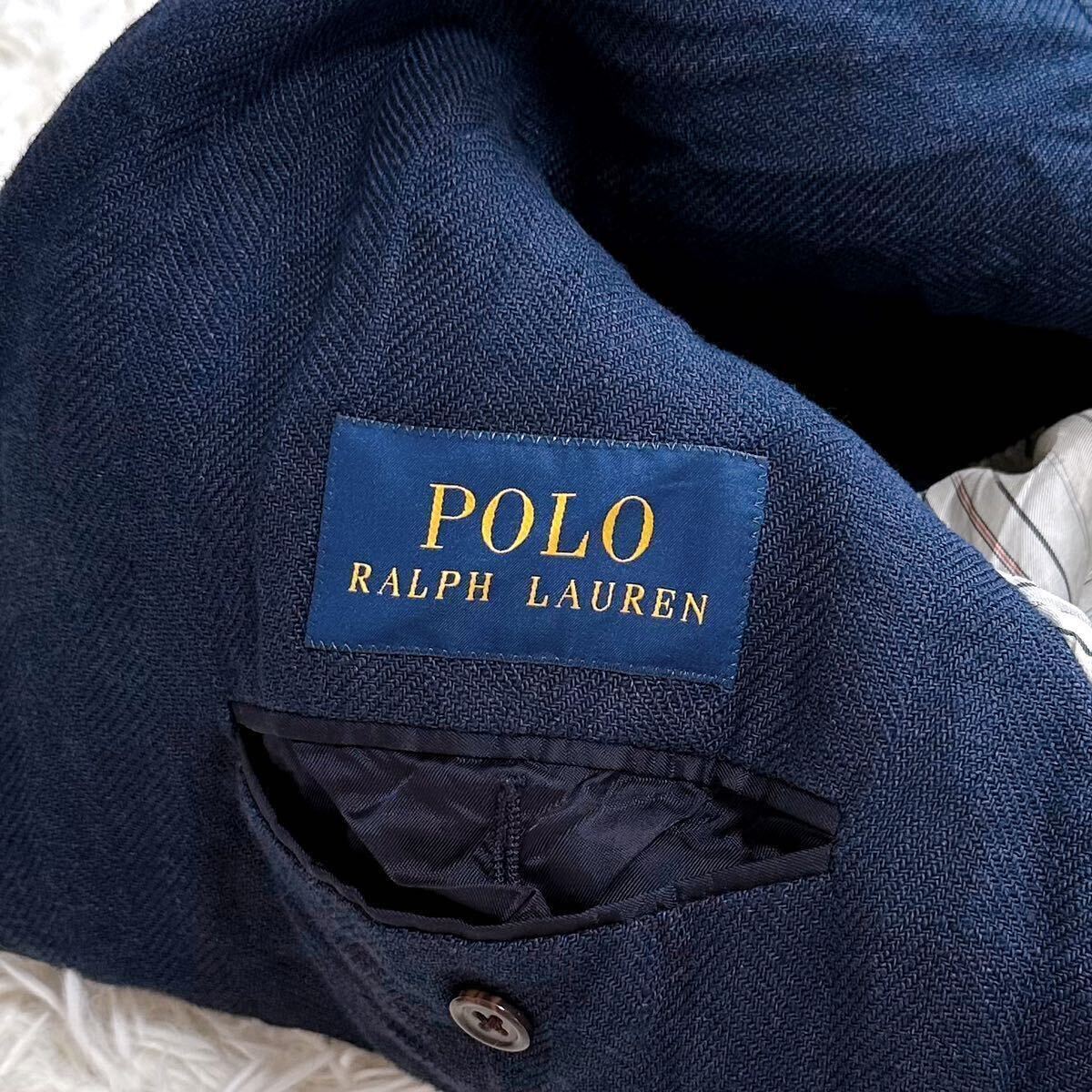 XLサイズ★ POLO RALPH LAUREN ポロラルフローレン リネン100% テーラードジャケット ヘリンボーン 背抜き 3B サイドベンツ ネイビー_画像6