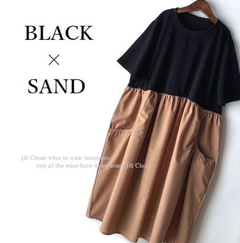 新品【送料185円】伸縮◎BLACK×SAND*異素材切替え*ギャザードレープ*デザインポケット付*プルオーバー*チュニック*ワンピース3820の画像3