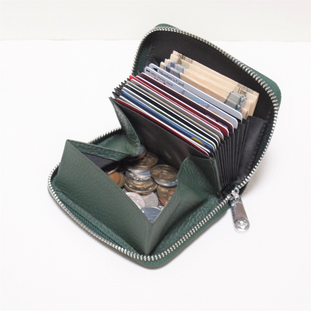 ミニ財布 コインケース グリーン 緑 カードケース じゃばら BOX型 本革 ラウンドファスナー メンズ レディース コンパクト 大容量 ボックス