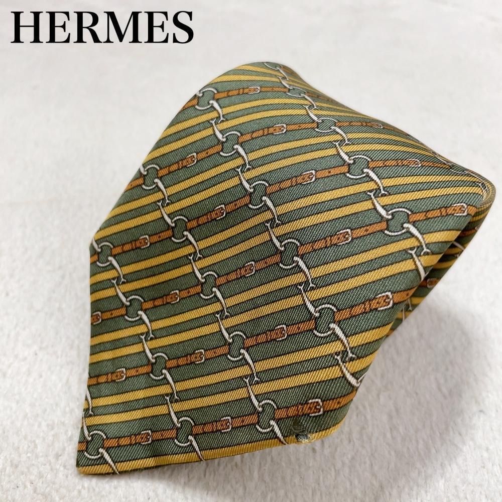 HERMES エルメス ネクタイ フランス製 シルク100％ ストライプ メンズ ゴージャス 高級感 ハイブランド paris 総柄 ワンポイントロゴ L12_画像1