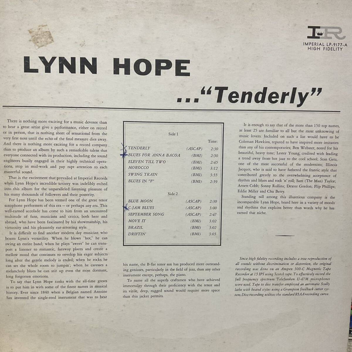 Lynn Hope Tenderly Jazz Rockin Blues Sax R&B LP レコード　ジャズ　be bop ska スカ　サックス_画像2