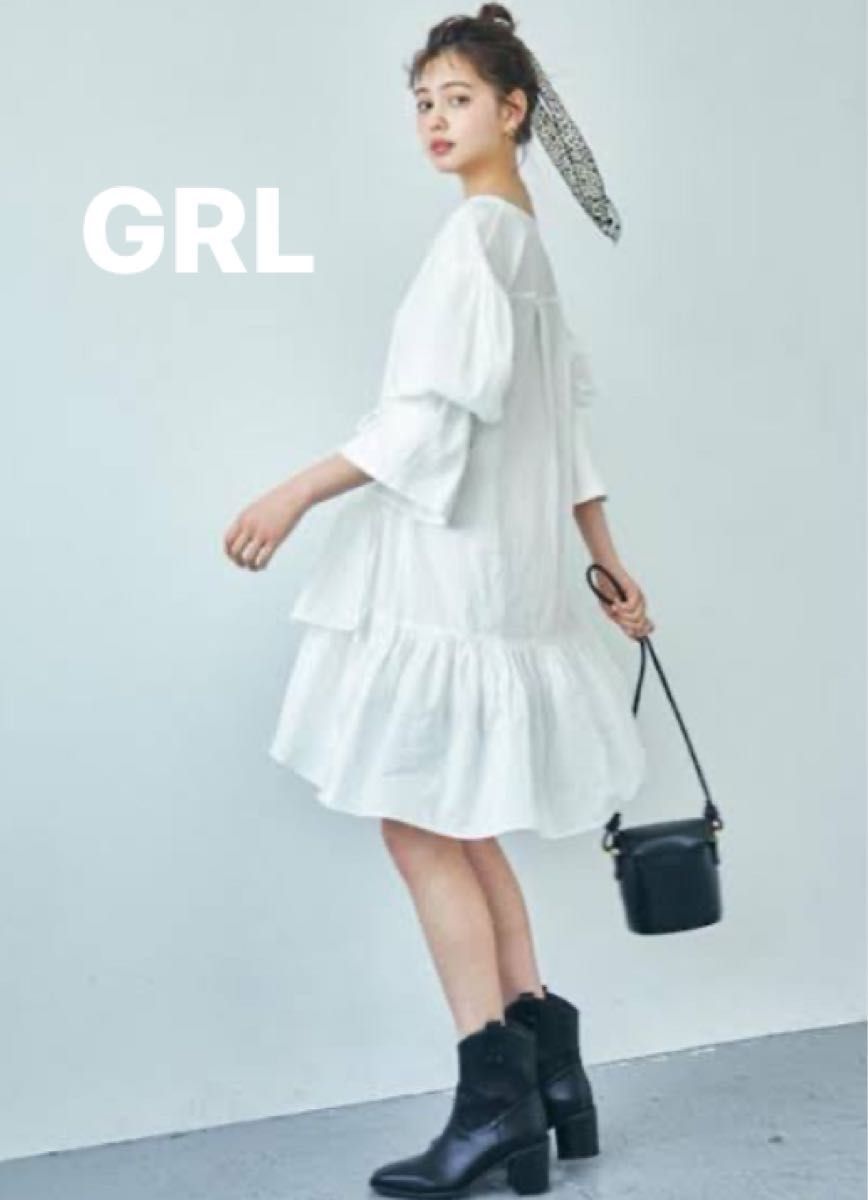 GRL フリルヘムチュニック 7分袖 ホワイト ミニワンピ