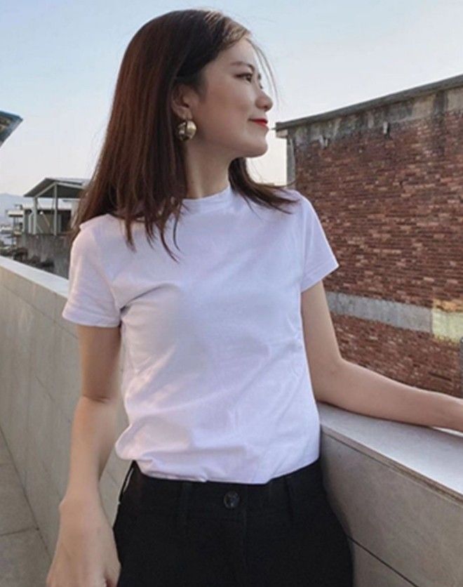 シンプル Tシャツ 白 M レディース モックネック 半袖 カットソー 白 黒 ホワイト ブラック カジュアル  ハイネック
