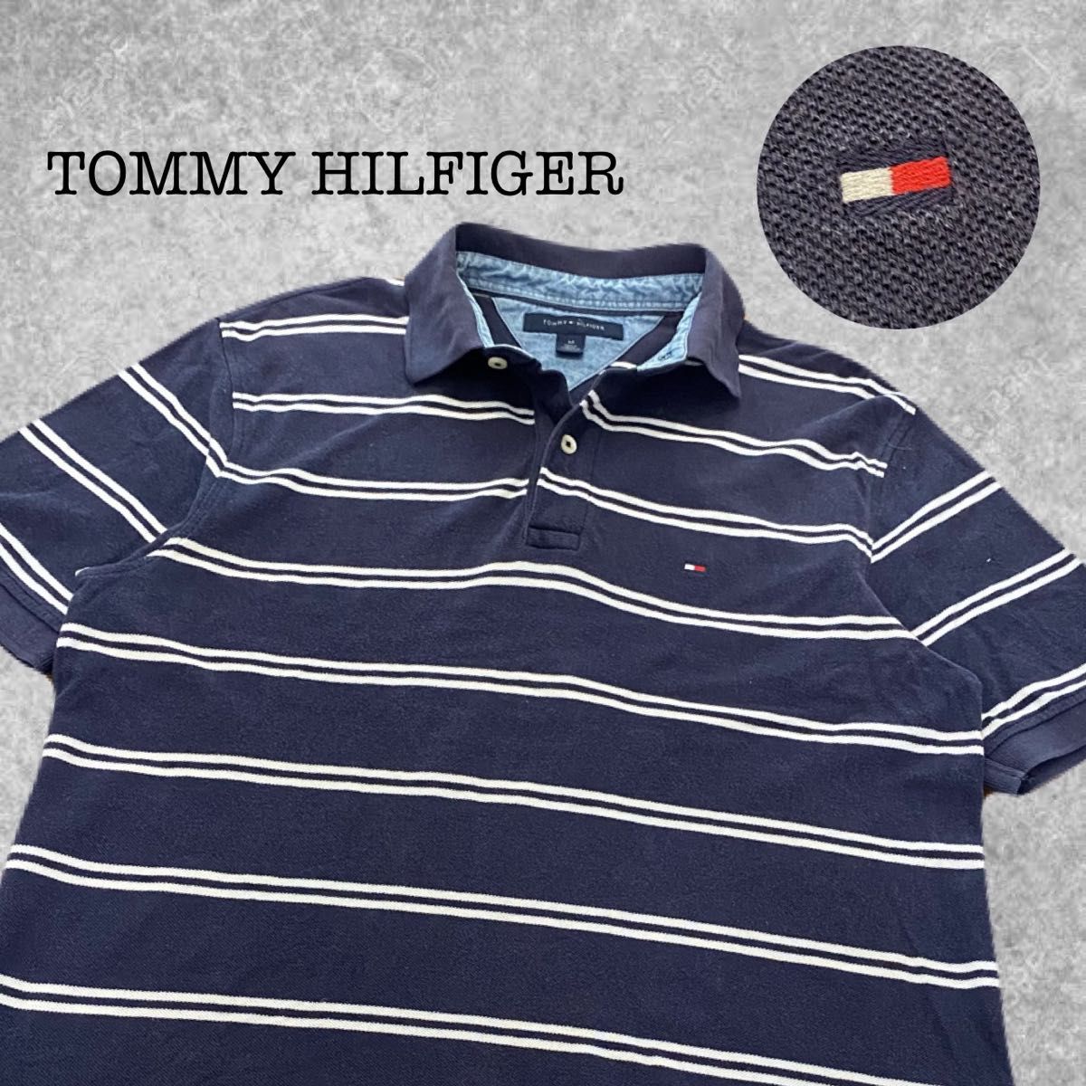 A-306★TOMMY HILFIGER トミーヒルフィガー★ネイビー紺色 ボーダー ロゴ刺繍 半袖 鹿の子 ポロシャツ M