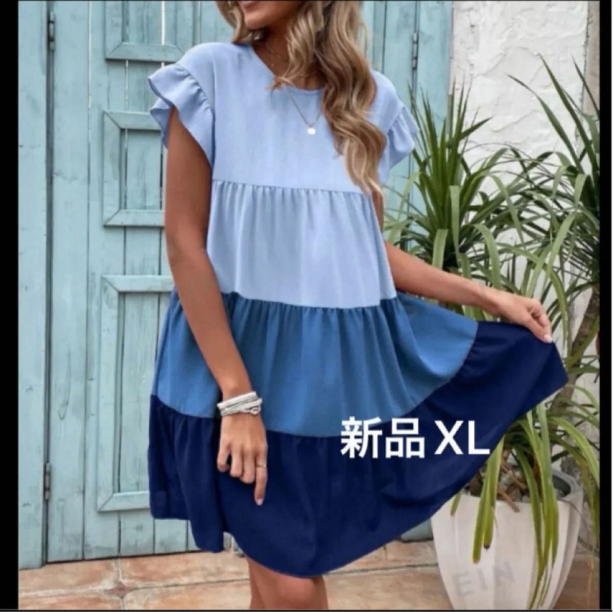 新品　レディース　半袖ワンピース　膝丈　ブルー　袖フレア　Aライン　韓国風　XL ゆったり　大きいサイズ