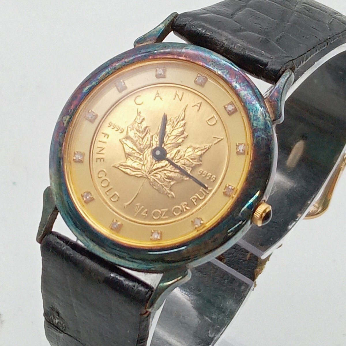 夏本3月No105 腕時計 Canada カナダ メイプルリーフ 金貨 1/4OZ ブラック系 文字盤 アナログ時計 Silver 総重量約22.8g の画像5
