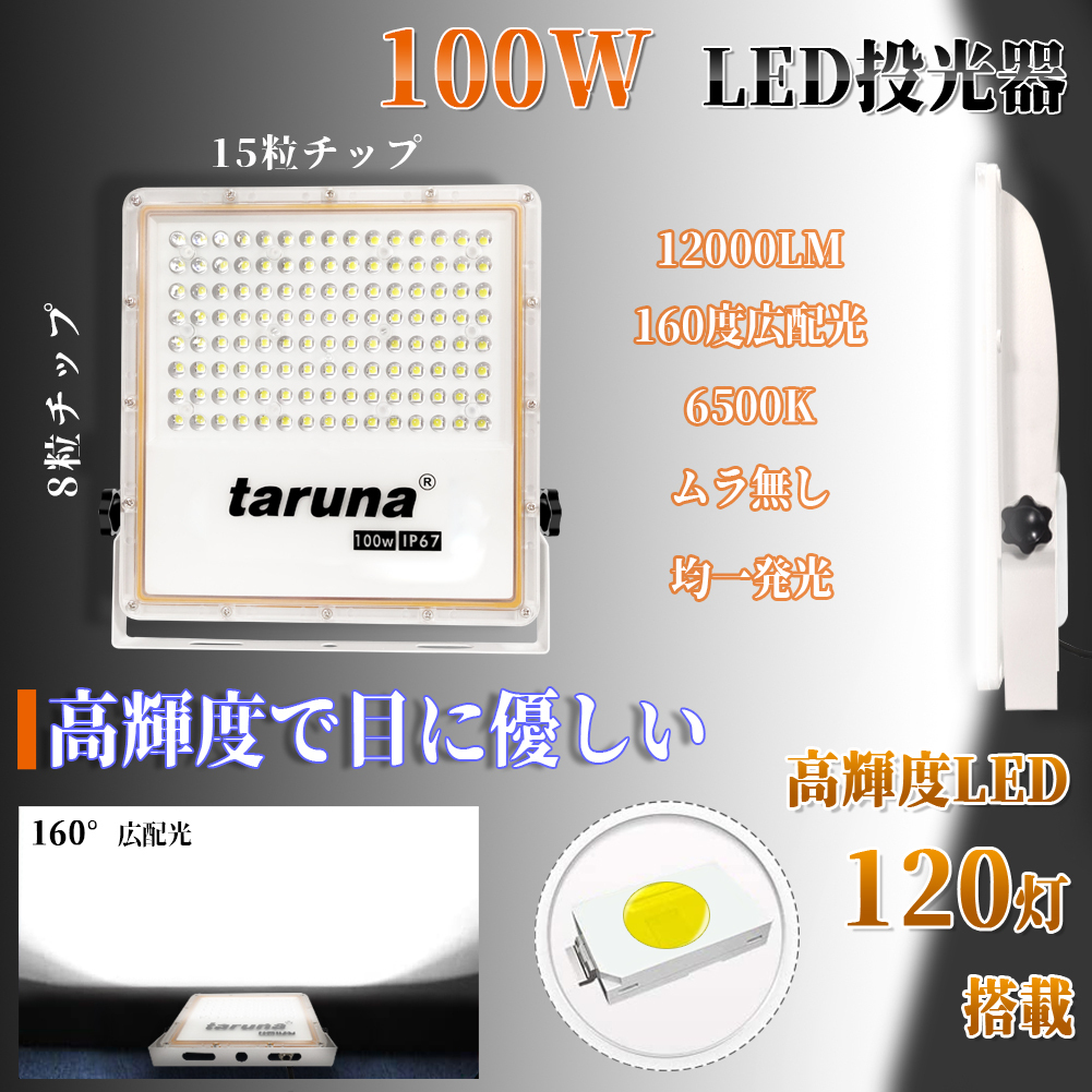 【即納】10個セット 超薄型 投光器 スイッチ付き LED投光器 100w led作業灯 1年保証 昼光色 6500K 12000LM IP67 高輝度 85-265V 看板灯 SLDの画像5