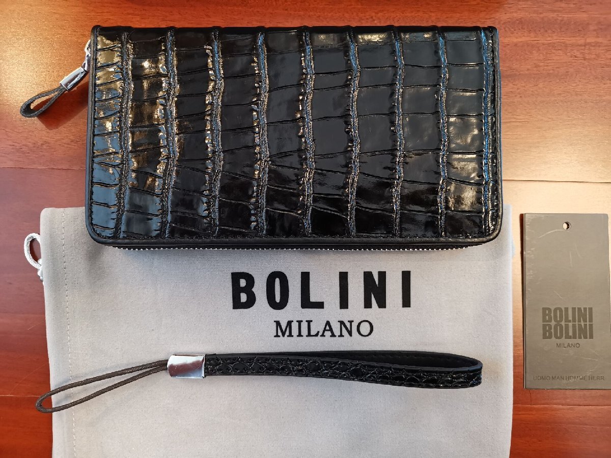 最高峰逸品*イタリア製※定価18万◆イタリア・ミラノ発*BOLINI/ボリニ・最上級牛革・クロコダイル*ラウンドファスナー 長財布・黒の画像2