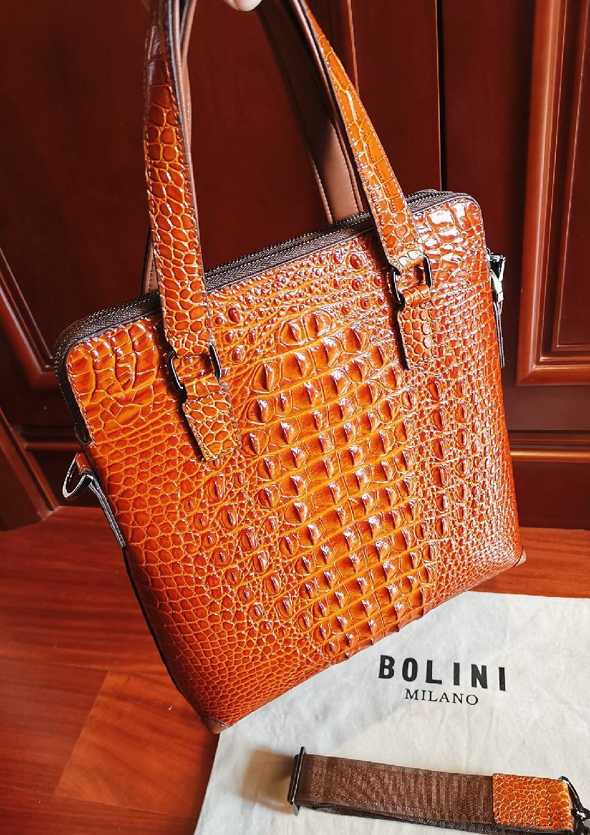 最上級逸品※定価18万◆イタリア・ミラノ発*BOLINI/ボリニ・最上級牛革・クロコダイル*トートバッグ/黄色いの画像3