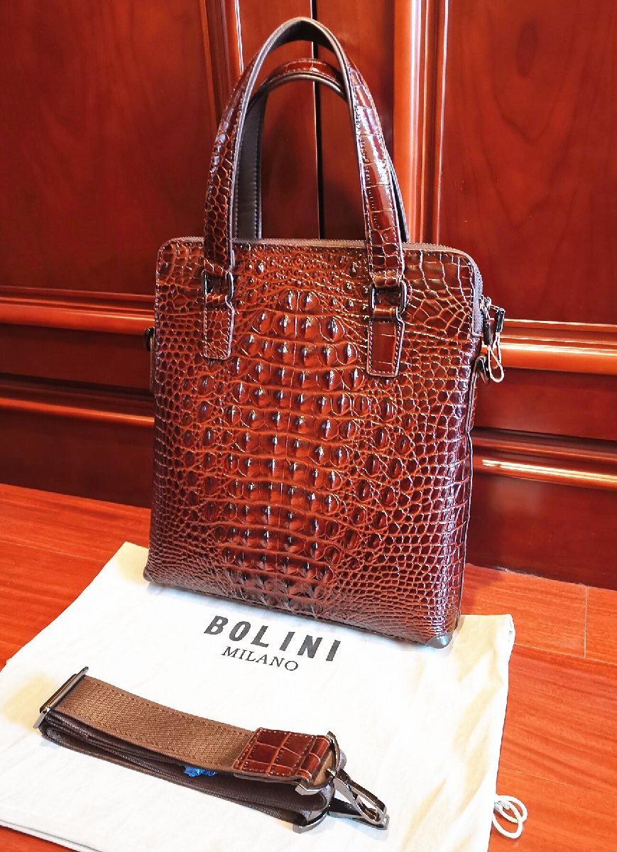 最上級逸品※定価18万◆イタリア・ミラノ発*BOLINI/ボリニ・最上級牛革・クロコダイル*トートバッグ・茶色_画像9