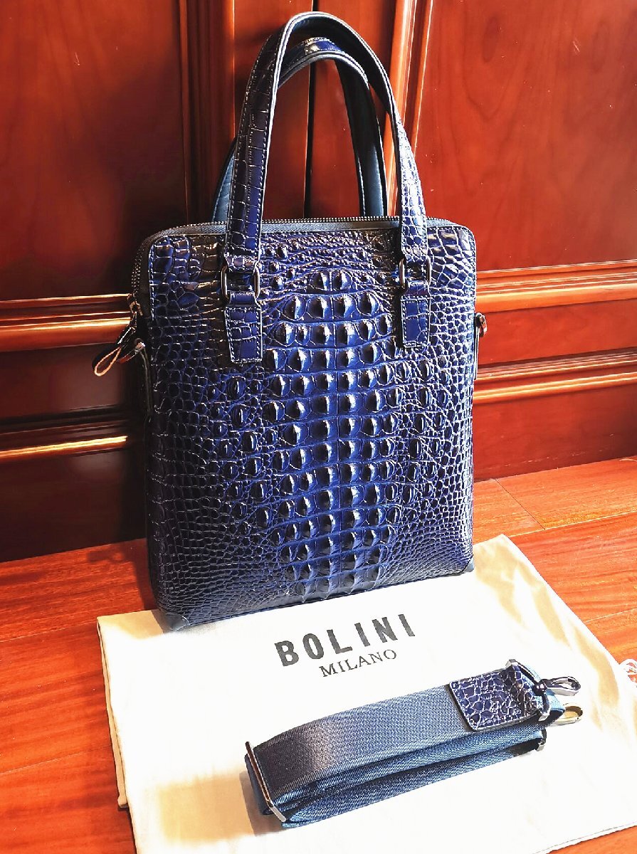 最上級逸品※定価18万◆イタリア・ミラノ発*BOLINI/ボリニ・最上級牛革・クロコダイル*トートバッグ/紺の画像1