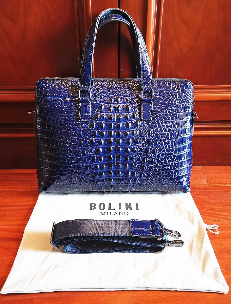 最高級逸品20万◆イタリア・ミラノ発*BOLINI/ボリニ・最上級牛革・クロコダイル*ビジネスバック/ブリーフケース・紺の画像1