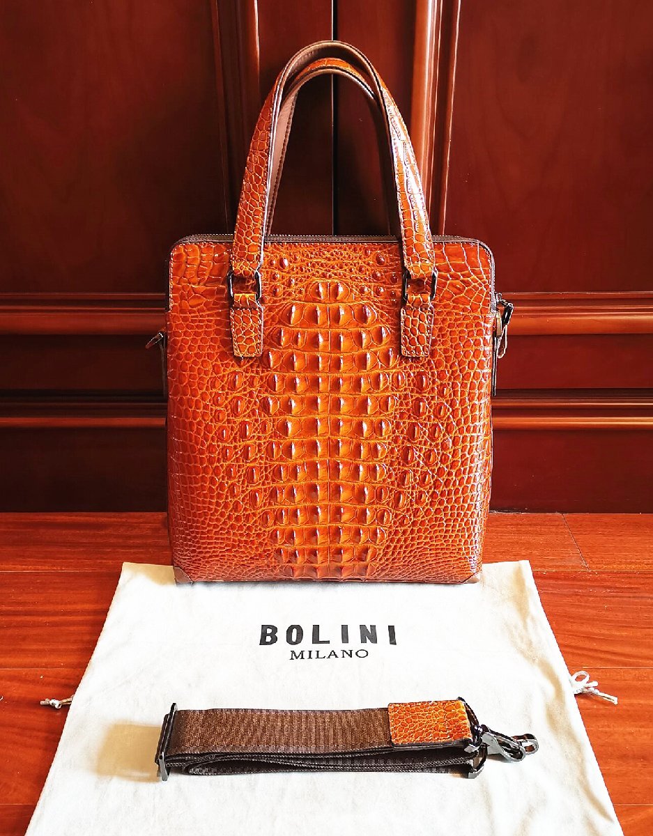 最上級逸品※定価18万◆イタリア・ミラノ発*BOLINI/ボリニ・最上級牛革・クロコダイル*トートバッグ/黄色いの画像2