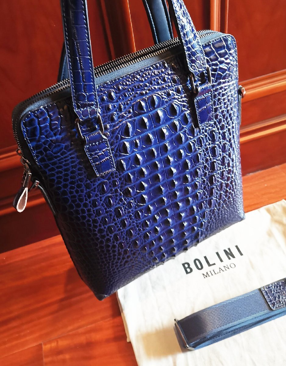 最上級逸品※定価18万◆イタリア・ミラノ発*BOLINI/ボリニ・最上級牛革・クロコダイル*トートバッグ/紺_画像6