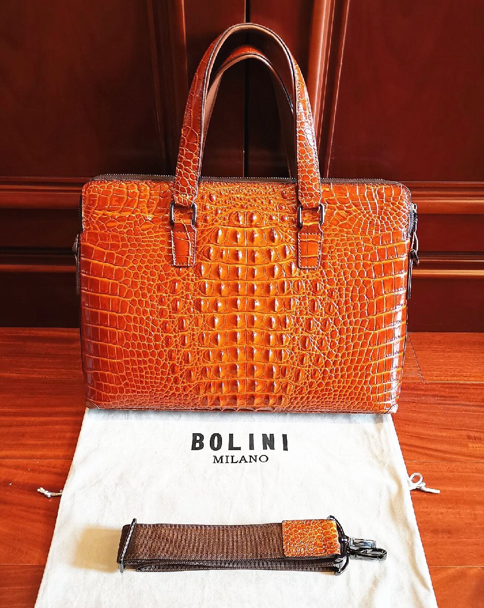 最高級逸品20万◆イタリア・ミラノ発*BOLINI/ボリニ・最上級牛革・クロコダイル*ビジネスバック/ブリーフケース・黄色い_画像4