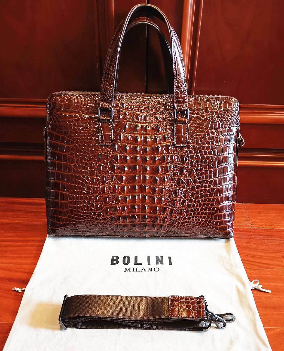 top class excellent article 20 ten thousand * Italy * milano departure *BOLINI/bolini* highest grade cow leather * crocodile * business bag / briefcase * tea color 