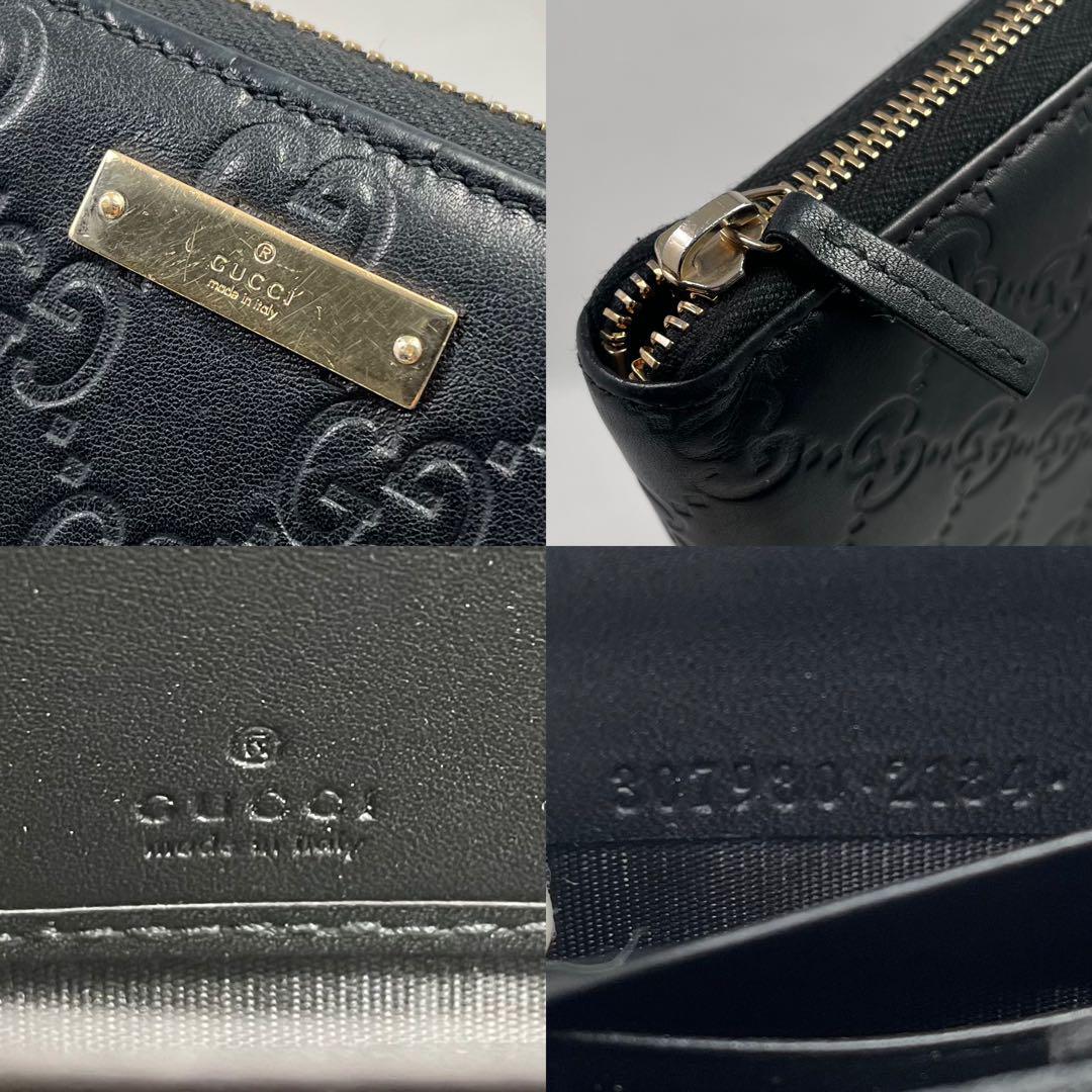 【美品】GUCCI 長財布 グッチ GG シマレザー ロゴプレート ゴールド金具 二つ折り ラウンドファスナー ブラック 黒 希少 レア ユニセックス_画像10