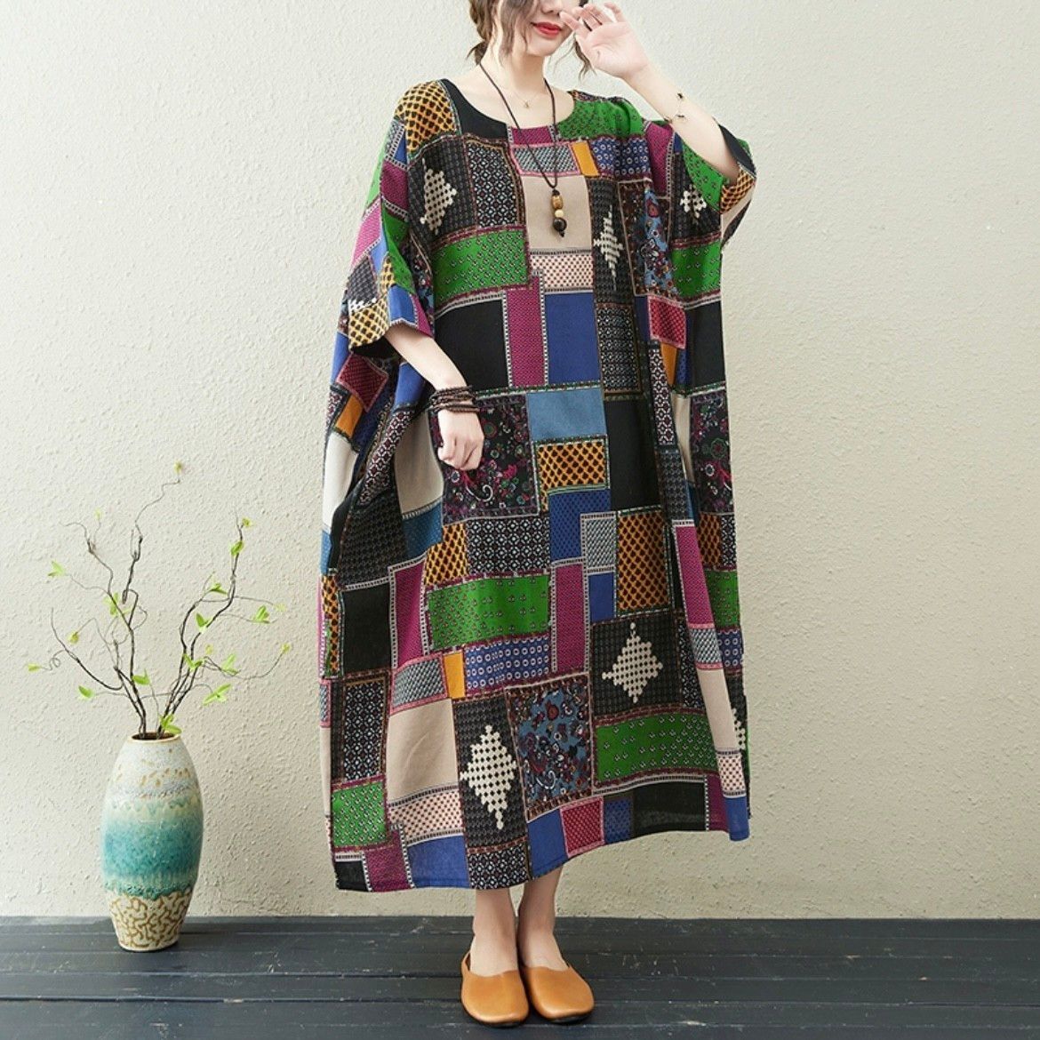 ☆モダン モザイク ゆったり ロングワンピース 半袖 柄  個性的 エスニック