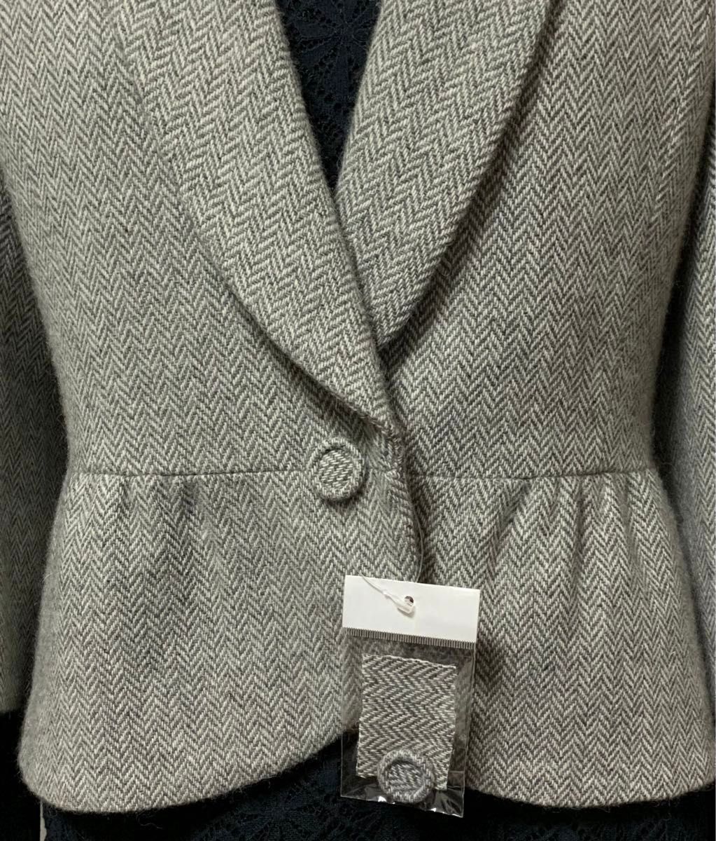 【新品】未使用 デザインジャケットショールカラー ヘリンボーン柄 11号 Lサイズ  グレー アウター ツイード ウール 七部袖