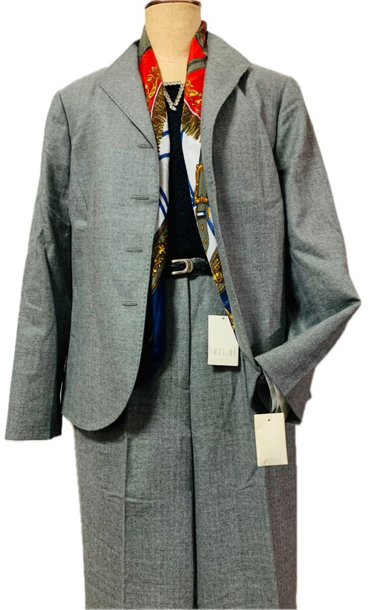 【未使用 】ヘリンボーン フォーマルセットアップ デザインジャケット ブレザー シングルジャケット グレー 13号 L ルック