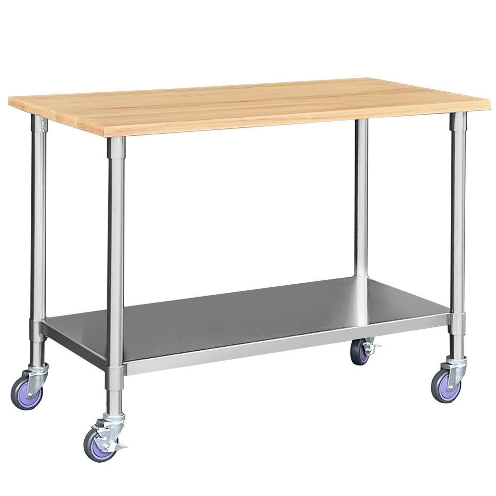 【新品】業務用 キャスター付き作業台 オーク材 無垢板 1200×600×800 木製 ワークテーブル ワークベンチ ステンレス 接ぎ板 無垢材
