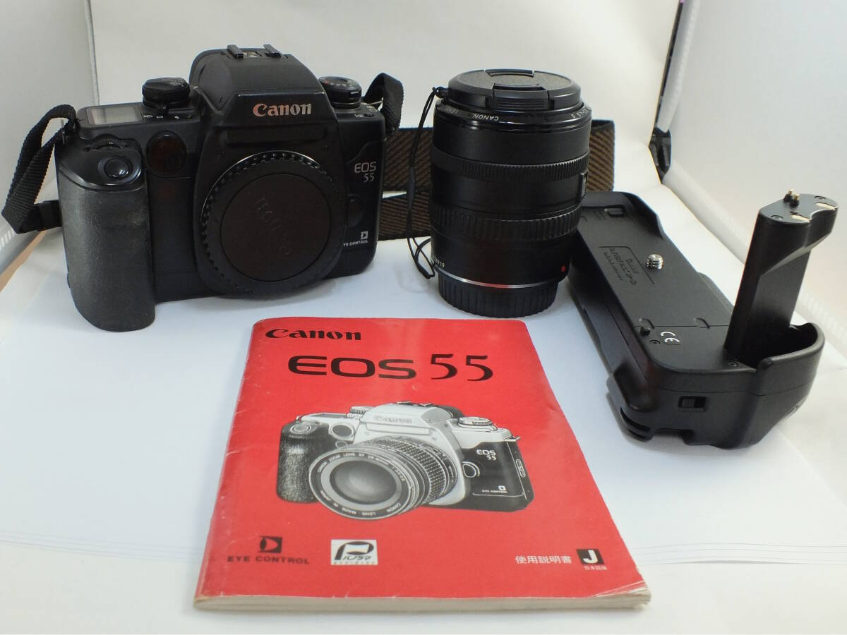 Canon/キャノン EOS 55 フィルム一眼レフカメラ ボディ シャッター及びストロボ 作動確認済み BP-50付き_画像1