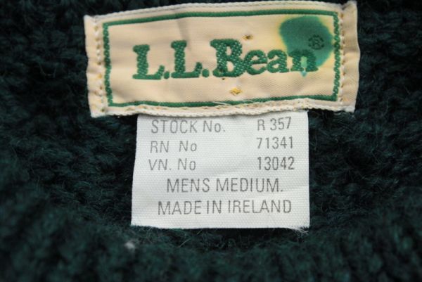 80’s 美品 L.L.BEAN アランニット フィッシャーマンセーター 深緑 アイルランド製 表M_画像3