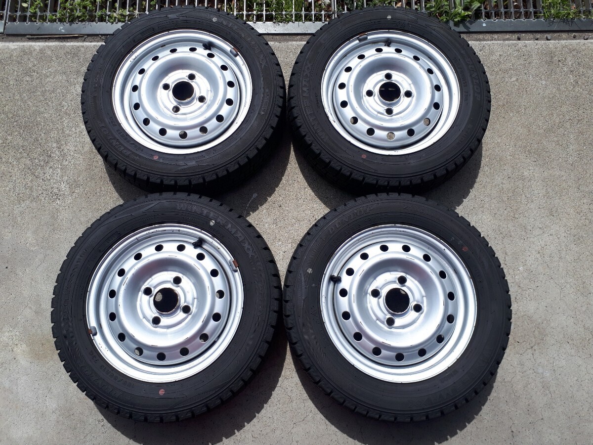 バリ山バリ溝 スタッドレスタイヤ&スチールホイール 4本セット ガン鉄 4穴PCD100 4J DUNLOP WINTER MAXX WM02 155/65R13 2022年製 洗浄済み_バリ山バリ溝スタッドレスタイヤ&ガン鉄