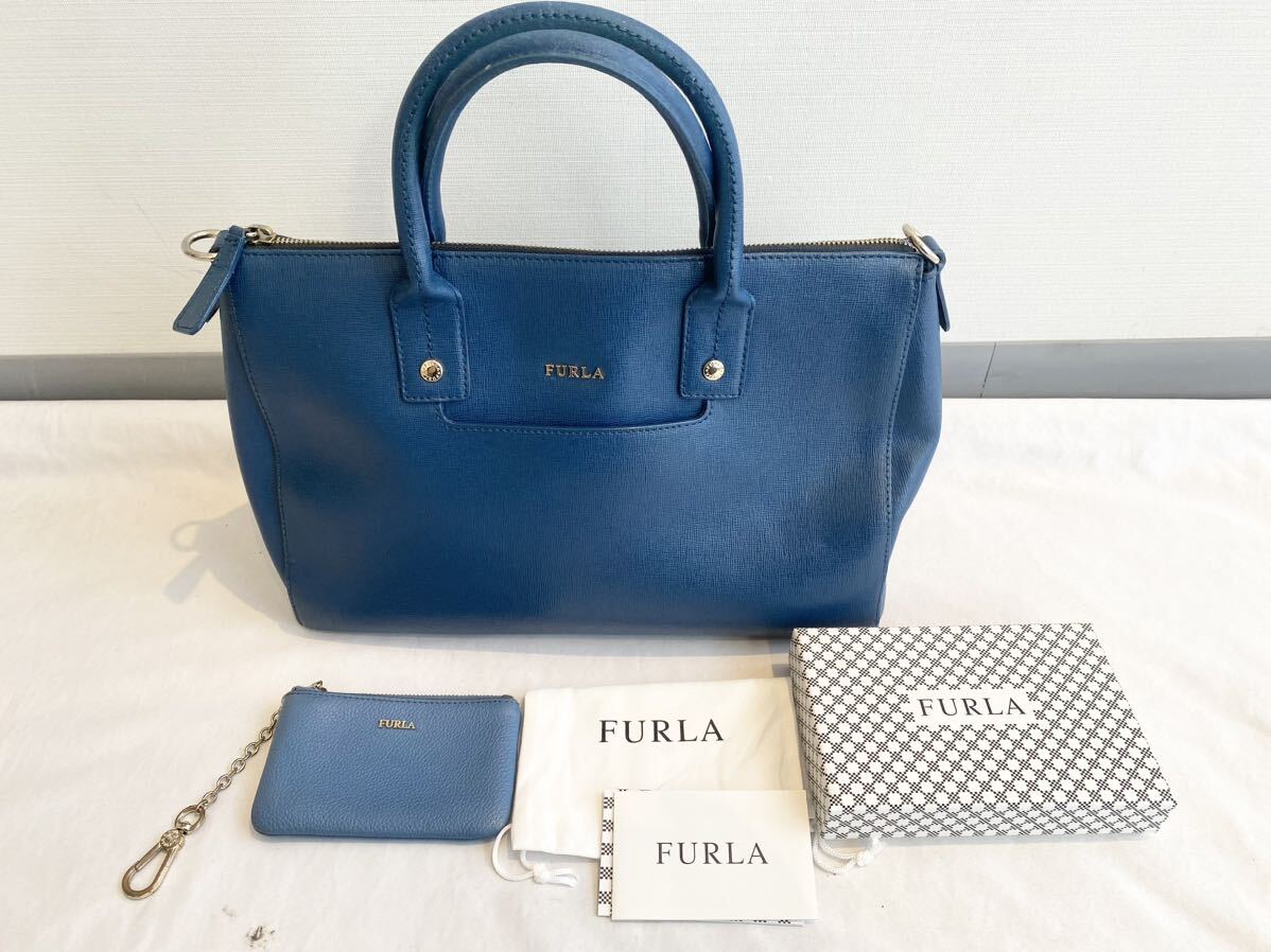 4K014 FURLA フルラ レザー レディース ハンドバッグ コインケース 2点セット ブルー系_画像1