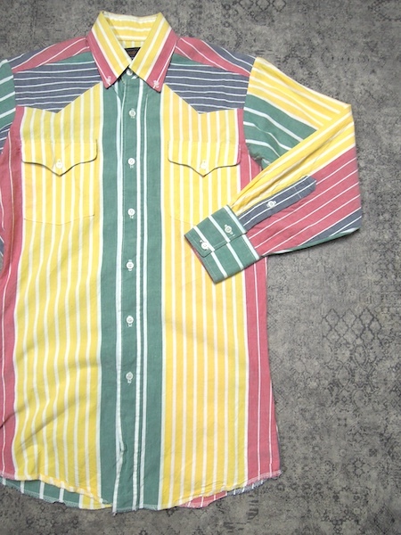80's〜90's Panhandle Slim ロングスリーブシャツ◆メンズXSサイズ程度/カラフル/長袖/黄色/ピンク/緑/ストライプ/ビンテージアメリカ古着の画像3
