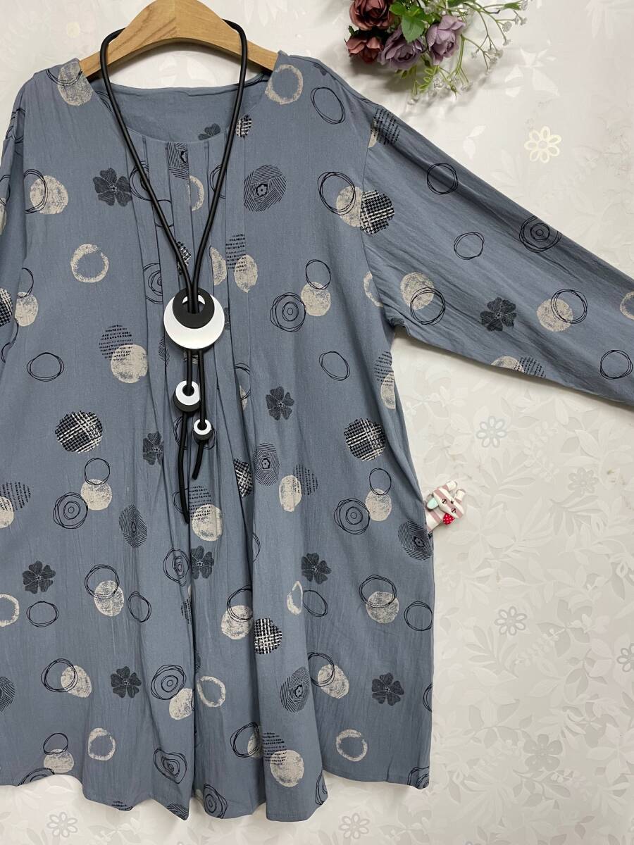 * new goods cotton 100. flower * dot print front tuck A line tunic M~L(B.GY)